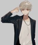  1boy black_jacket black_shirt earrings finger_to_head grey_background grey_eyes grin highres hirota_tsuu jacket jewelry long_sleeves looking_at_viewer male_focus necklace open_clothes open_jacket original parted_lips shirt silver_hair simple_background smile solo standing upper_body 