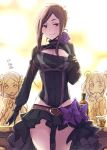  3girls alcohol beatrice_(princess_principal) belt bottle breast_envy breasts brown_hair cleavage_cutout dorothy_(princess_principal) double_bun flower glass gloves grin hair_flower hair_ornament large_breasts leotard multiple_girls princess_principal sidelocks skirt smile toudou_chise tsuta_no_ha violet_eyes whiskey 