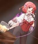  1girl commentary_request glass highres holding looking_at_viewer microphone mystia_lorelei open_mouth pink_hair puffy_short_sleeves puffy_sleeves red_eyes short_hair short_sleeves solo touhou wings zefutefu 