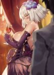  1boy 1girl ahoge alcohol ass back back_bow bare_shoulders black_panties black_thong blurry blurry_foreground blush breasts closed_mouth cup curtains depth_of_field dress drinking_glass elbow_gloves eyebrows_visible_through_hair fate/grand_order fate_(series) flower from_behind fujimaru_ritsuka_(male) gloves hair_flower hair_ornament indoors jacket jeanne_d&#039;arc_(alter)_(fate) jeanne_d&#039;arc_(fate)_(all) lace-trimmed_panties lace-trimmed_thong large_breasts looking_back nanaya_(daaijianglin) panties purple_dress purple_gloves see-through short_hair sideboob standing thong underwear white_jacket wine yellow_eyes 