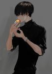  1boy black_hair black_sweater doughnut earrings eating fingernails food grey_background hair_over_eyes hirota_tsuu holding holding_food jewelry looking_at_viewer looking_to_the_side multicolored multicolored_nail_polish nail_polish original profile solo standing sweater upper_body watch watch 
