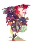  4girls absurdres blue_eyes bow_(weapon) broom brown_hair forte full_body hair_over_one_eye hairband hat highres hooded_robe kagari_atsuko little_witch_academia long_hair loose_belt lotte_jansson multiple_girls mushroom open_mouth orange_hair red_eyes redhead robe shiny_chariot short_hair sitting smile standing sucy_manbavaran weapon witch witch_hat 