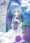  1girl artist_name blush bouquet closed_mouth dated day eyebrows_visible_through_hair flower grey_hair holding holding_bouquet kavka long_sleeves looking_at_viewer multicolored_hair original outdoors purple_hair signature sky smile solo violet_eyes 