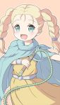  1girl :d bianca blonde_hair blush braid brown_background cape dragon_quest dragon_quest_v dress green_cape green_eyes hair_tie holding holding_whip looking_at_viewer nekono_rin open_mouth outstretched_arm simple_background sleeveless sleeveless_dress smile solo tareme twin_braids twintails whip yellow_dress 