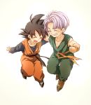  2boys black_hair boots clenched_hand closed_eyes dougi dragon_ball dragonball_z eyebrows_visible_through_hair flying happy hug long_sleeves male_focus multiple_boys open_mouth purple_hair short_hair simple_background smile son_goten spiky_hair trunks_(dragon_ball) white_background wristband 