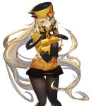  1girl black_legwear blonde_hair blue_eyes fingerless_gloves fur_hat gloves guilty_gear guilty_gear_xrd hat long_hair looking_at_viewer millia_rage oro_(sumakaita) simple_background solo ushanka white_background 