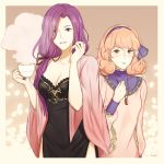  2girls absurdres coffee coffee_mug curly_hair fire_emblem fire_emblem_echoes:_mou_hitori_no_eiyuuou fire_emblem_gaiden hair_over_one_eye hakirino highres jenny_(fire_emblem) jewelry long_hair looking_at_viewer multiple_girls nail_polish necklace orange_hair purple_hair smile sonia_(fire_emblem_gaiden) 