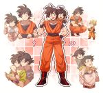  2boys ? black_eyes black_hair blonde_hair boots carrying dougi dragon_ball dragon_ball_gt dragonball_z father_and_son hug hug_from_behind kneeling looking_at_another male_focus multiple_boys number pink_background salute short_hair simple_background son_gokuu son_goten spiky_hair super_saiyan white_background 