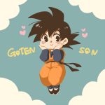 1boy :&gt; black_eyes black_hair blue_background character_name clouds dougi dragon_ball dragonball_z flying hands_on_own_cheeks hands_on_own_face heart long_sleeves looking_at_viewer lowres male_focus short_hair simple_background smile son_goten spiky_hair 