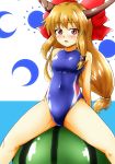  1girl blue_background blue_swimsuit blush breasts brown_eyes competition_swimsuit d-m_(dii_emu) food fruit highres horn_ribbon horns ibuki_suika long_hair looking_at_viewer multicolored multicolored_background one-piece_swimsuit oni orange_hair ribbon sitting small_breasts smile solo spread_legs swimsuit touhou watermelon white_background 