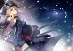  1girl anchor_hair_ornament bismarck_(kantai_collection) black_panties blonde_hair breasts detached_sleeves gloves grey_legwear hair_ornament hat iron_cross kantai_collection large_breasts long_hair military military_hat military_uniform nueco panties peaked_cap sideboob thigh-highs underwear uniform 