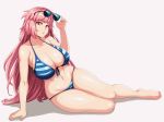 1girl arm_support bangs bikini breasts cleavage collarbone curvy full_body girls_frontline groin halter_top halterneck highres jmg large_breasts long_hair looking_at_viewer navel ntw-20_(girls_frontline) parted_lips pink_eyes pink_hair sitting solo stomach striped striped_bikini sunglasses swimsuit very_long_hair wide_hips 