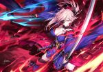  1girl artist_name asymmetrical_hair blue_eyes blue_kimono breasts cleavage detached_sleeves dual_wielding earrings eyepatch fate/grand_order fate_(series) fighting_stance fire floral_print hair_ornament japanese_clothes jewelry katana kimono kousaki_rui large_breasts magatama miyamoto_musashi_(fate/grand_order) obi pink_hair ponytail red_legwear sash sheath short_kimono signature solo sword thigh-highs thighs weapon wide_sleeves wind wind_lift 
