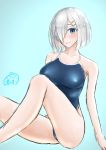  1girl absurdres blue_background blue_eyes blue_swimsuit breasts competition_school_swimsuit hair_ornament hair_over_one_eye hairclip hamakaze_(kantai_collection) highres kantai_collection large_breasts onion_(kumagaioyr) school_swimsuit short_hair signature silver_hair simple_background sitting smile solo swimsuit 