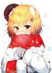  1girl absurdres ahoge blonde_hair eyebrows_visible_through_hair glasses hair_ornament highres huaimeng long_sleeves looking_at_viewer mittens open_mouth original red_eyes red_scarf scarf short_hair snowball snowflake_hair_ornament snowflakes solo upper_body 