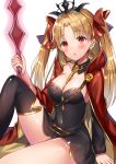  1girl :o aozora_nan bangs between_breasts black_dress blonde_hair blush bow breasts dress earrings ereshkigal_(fate/grand_order) fate/grand_order fate_(series) highres hips holding holding_weapon jewelry large_breasts long_hair looking_at_viewer open_mouth red_bow red_eyes ribbon simple_background single_thighhigh solo thigh-highs tohsaka_rin weapon white_background 