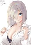  1girl artist_name black_bra blue_eyes bra breasts cleavage collarbone collared_shirt dated hair_ornament hair_over_one_eye hairclip hamakaze_(kantai_collection) kantai_collection large_breasts long_sleeves looking_at_viewer mimamui open_clothes open_shirt shirt short_hair silver_hair simple_background smile solo twitter_username underwear upper_body white_background white_shirt 