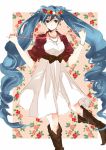  bad_id blue_eyes blue_hair boots bow bracelet crown curly_hair dress earrings fashion flower hatsuko hatsune_miku head_wreath heart heart_of_string highres jacket jewelry long_hair necklace red_string sleeves_pushed_up solo thigh-highs twintails vocaloid 