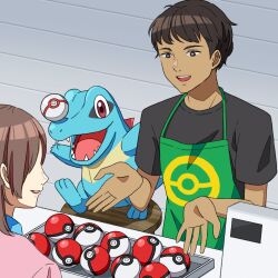  1boy 1girl apron black_shirt bright_pupils brown_eyes brown_hair green_apron kirisaki_(gin16k) nostrils official_art on_stool open_mouth poke_ball poke_ball_(basic) poke_ball_print pokemon pokemon_(creature) premier_ball red_eyes second-party_source sharp_teeth shirt short_hair short_sleeves smile teeth totodile upper_teeth_only white_pupils wooden_stool 