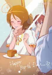  1boy 1girl absurdres bare_arms birthday birthday_cake blue_eyes blush bob_cut brown_hair cake cake_slice closed_eyes collarbone couple cream eating food fork frilled_skirt frilled_sleeves frills full-length_mirror hand_on_own_chin hands_up happinesscharge_precure! happy_birthday heart heart-shaped_pupils highres holding holding_fork long_hair looking_at_mirror mature_male medium_hair mirror musical_note oomori_yuuko parted_bangs phantom_(happinesscharge_precure!) plate precure red_hair shirt short_hair short_sleeves signature sitting skirt sleeve_rolled_up staring symbol-shaped_pupils table twitter_username upper_body utensil_in_mouth wasa7subi watermark white_shirt 