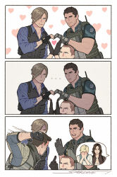  ... 2girls 4boys aqua_scarf artist_name black_gloves blonde_hair blue_shirt brown_hair brown_jacket bulletproof_vest chris_redfield clenched_hand closed_mouth collared_shirt facial_hair fingerless_gloves furrowed_brow gloves hands_on_own_face heart heart_hands heart_hands_failure heart_hands_trio heart_print helena_harper jacket jake_muller leon_s._kennedy medium_hair middle_finger multiple_boys multiple_girls muscular muscular_male piers_nivans punching resident_evil resident_evil_6 sardine_(kjr0313) scarf shaved_head sherry_birkin shirt short_hair short_sleeves smile stubble upper_body very_short_hair white_shirt 