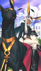 1girl animal animal_ears antenna_hair anubis_(mythology) breasts dark-skinned_female dark_skin facial_mark fate/grand_order fate_(series) gloves jackal jackal_ears long_hair long_sleeves looking_at_viewer medjed_(fate) nitocris_(fate) nitocris_alter_(fate) official_art riding riding_animal smile yellow_eyes 