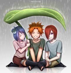  1girl 2boys artist_name blue_hair closed_mouth collarbone crossed_legs english_commentary flower full_body giant_leaf green_shirt grey_shirt hair_flower hair_ornament hair_over_one_eye holding holding_leaf konan_(naruto) leaf looking_at_viewer multiple_boys nagato_(naruto) naruto_(series) naruto_shippuuden orange_hair pants pink_shirt rain reizdrawing rinnegan seiza shirt short_hair short_sleeves sitting smile yahiko_(naruto) 