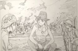  1boy 2girls apocalypse_now ayanami_rei cassiev509 female female_focus ikari_shinji katsuragi_misato looking_at_another m16 male military military_hat military_uniform monochrome neon_genesis_evangelion sketch tagme vietnam_war 