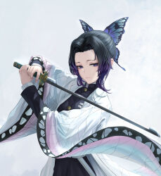  1girl absurdres black_hair butterfly_hair_ornament closed_mouth commentary demon_slayer_uniform expressionless gradient_hair hair_ornament haori highres holding holding_sword holding_weapon japanese_clothes kimetsu_no_yaiba kochou_shinobu looking_at_viewer multicolored_hair parted_bangs purple_hair revision sidelocks simple_background solo sword sword_writing tooku0 two-tone_hair updo upper_body violet_eyes weapon wide_sleeves 