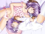  2girls bed blush clannad fujibayashi_kyou fujibayashi_ryou igul panties pillow pink_panties purple_hair ribbons short_hair striped_panties thigh-highs twins underwear 