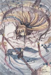  1girl aesc_(fate) aesc_(savior)_(fate) black_bow black_gloves blonde_hair blue_eyes bow dominic_ian_cabatit fate/grand_order fate_(series) fur_trim gloves hair_between_eyes hair_bow highres holding holding_polearm holding_weapon long_hair looking_at_viewer polearm ponytail solo weapon 