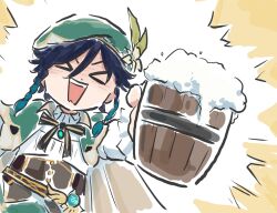  1boy beret black_hair blue_hair braid cape cup drunk flower genshin_impact gradient_hair green_cape green_hat hair_flower hair_ornament hat highres holding holding_cup male_focus multicolored_hair twin_braids venti_(genshin_impact) vision_(genshin_impact) xinzoruo 