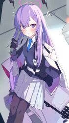  ! !! 1girl absurdres black_gloves black_pantyhose blue_archive blue_necktie blue_sweater blush collared_shirt commentary_request feet_out_of_frame floating_headgear gatling_gun gloves halo headgear highres holding holding_wrench jacket jacket_on_shoulders kyurosuku long_hair long_sleeves miniskirt necktie pantyhose parted_lips pink_halo pleated_skirt purple_hair sentry shirt sitting skirt solo sweater thundergun_(blue_archive) utaha_(blue_archive) very_long_hair violet_eyes white_jacket white_shirt white_skirt wrench 