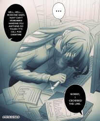  ... 1girl absurdres boxcutter english_text glint greyscale highres light_particles long_hair monochrome office original senukin shirt sitting skirt solo speech_bubble spoken_ellipsis twitter_username 