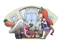  2girls animal_ears bag bed brown_hair carrot clock hamu_koutarou highres horse_ears horse_girl horse_tail long_hair multicolored_hair multiple_girls open_mouth orange_hair school_bag silence_suzuka_(umamusume) sleepwear special_week_(umamusume) tail thigh-highs umamusume window 