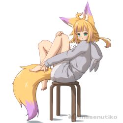 1girl amasenutiko animal_ear_hood animal_ears artist_name bare_legs barefoot blonde_hair fox_ears fox_girl fox_tail full_body green_eyes grey_hoodie hood hood_down hoodie long_sleeves looking_at_viewer monkey_ears monkey_girl multicolored_hair no_pants on_stool original pink_hair stool streaked_hair tail two-tone_hair two-tone_tail