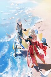  2boys absurdres antenna_hair arm_tattoo armlet armor armored_boots back_tattoo beach bird black_choker black_coat black_gloves black_pants black_shirt blonde_hair boots braid cape chinese_commentary choker clawed_gauntlets closed_eyes coat commentary_request fingerless_gloves floating_cape from_above gloves gold_necklace gradient_hair hair_between_eyes highres honkai:_star_rail honkai_(series) imminent_hand_holding jewelry male_focus medium_hair multicolored_hair multiple_boys mydei_(honkai:_star_rail) necklace open_clothes open_coat pants parted_bangs pauldrons phainon_(honkai:_star_rail) reaching reaching_towards_another red_cape red_hair red_tattoo shirt short_hair shoulder_armor side_braid side_cape single_glove single_pauldron suirandanshihao tattoo white_coat white_hair 