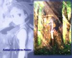  1girl blue_hair copyright_name kannagi looking_at_viewer looking_back nagi purple_eyes skirt solo tree wallpaper zoom_layer 