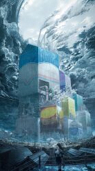  1girl bag black_hair black_pantyhose black_shoes black_skirt building chimney chooco_(chocoshi) collared_shirt commentary_request factory foot_out_of_frame from_side handrail highres holding holding_umbrella house industrial_pipe juice_box long_hair long_sleeves medium_skirt original overcast pantyhose pleated_skirt railing rain scenery shirt shoes shoulder_bag skirt sky smoke solo stairs transparent transparent_umbrella umbrella white_shirt wide_shot wing_collar 