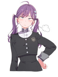  1girl ahoge black_shirt blue_eyes blush character_request closed_mouth commentary_request copyright_request eitopondo hand_on_own_hip highres long_hair long_sleeves mole mole_on_neck purple_hair shirt solo twintails 