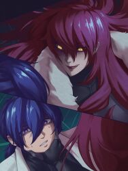  1boy 1girl assertive_female blue_hair hair_between_eyes highres kirijou_mitsuru long_hair looking_at_another mayonnaisenais3 persona persona_3 persona_3_reload red_hair scarf yellow_eyes yuuki_makoto_(persona_3) 