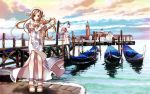  2girls alicia_florence amano_kozue aria arms_behind_back artbook beret blonde_hair boots braid city hat highres lake lantern long_hair looking_at_viewer looking_back mizunashi_akari multiple_girls official_art pink_hair san_giorgio_maggiore side_slit single_braid standing tower uniform water 