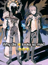  2boys antenna_hair arm_armor armor black_boots black_coat black_gloves black_pants blue_cape blush boots caelus_(honkai:_star_rail) cape clenched_hands coat collarbone crying_emoji dada_dain emoji english_text face_in_shadow fingerless_gloves fingernails full_body gloves grey_hair grey_pants hair_between_eyes halo halo_behind_head hands_up highres honkai:_star_rail honkai_(series) hood hooded_coat jacket lapels long_sleeves looking_at_viewer male_focus meme multiple_boys open_clothes open_coat open_mouth outdoors pants phainon_(honkai:_star_rail) shadow shirt short_hair shoulder_armor smile standing sun_symbol t-shirt thigh_strap trailblazer_(honkai:_star_rail) transparent_wings two-sided_coat two-sided_fabric white_hair white_jacket white_shirt why_dis_ninja_look_so_mad_(meme) wings yellow_coat 