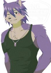  1boy animal_ears bicep_strap black_shirt black_tank_top blush closed_mouth commentary_request dog_boy dog_ears dog_tags furry furry_male jewelry kouya_aotsuki looking_at_viewer male_focus morenatsu necklace one_eye_closed shirt sleeveless sleeveless_shirt smile tank_top tanuntoz upper_body white_background 