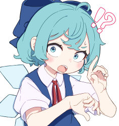  !? 1girl absurdres ahoge blue_bow blue_dress blue_eyes blue_hair bow cirno collared_shirt commentary double-parted_bangs dress hair_bow hands_up highres kame_(kamepan44231) looking_at_viewer neck_ribbon open_mouth pinafore_dress red_ribbon ribbon shirt short_hair short_sleeves simple_background sleeveless sleeveless_dress solo sweatdrop touhou white_background white_shirt wide-eyed 