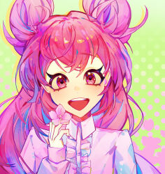  1girl bluestar945 cherry_blossom_cookie cookie_run frills highres humanization long_hair long_sleeves looking_at_viewer open_mouth petals pink_eyes pink_hair puffy_sleeves smile solo upper_body 