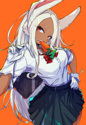  1girl absurdres animal_ears bag blue_skirt boku_no_hero_academia bow bowtie breasts carrot dark-skinned_female dark_skin food_in_mouth gloves hand_on_own_hip hand_up highres karan_koron100 long_eyelashes long_hair looking_at_viewer medium_breasts mirko orange_background parted_bangs plaid_bow plaid_bowtie plaid_clothes pleated_skirt rabbit_ears rabbit_girl red_bow red_bowtie red_eyes school_uniform shirt shirt_tucked_in simple_background skirt sleeves_rolled_up solo teeth very_long_hair white_gloves white_hair white_shirt 