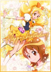  1girl artist_logo artist_name bare_arms bare_legs birthday blonde_hair bloom bob_cut boots brooch brown_hair bubble_skirt butterfly_bow closed_mouth clover clover_background clover_earrings collarbone cure_honey drink_pouch floating_hair floral_background floral_print flower four-leaf_clover frilled_gloves frills full_body gloves hair_ribbon hair_tie happinesscharge_precure! happy happy_birthday heart heart_brooch heart_pouch high_heels jewelry kamikita_futago knee_boots kneehighs leg_up logo long_hair long_sleeves looking_at_viewer medium_hair miniskirt neck oomori_yuuko open_mouth parted_bangs ponytail precure puffy_sleeves ribbon shirt skirt smile socks solo solo_focus suspenders upper_body very_long_hair yellow_gloves yellow_shirt yellow_skirt 