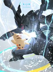  colored_sclera commentary copyright_name dot_nose dragon dragon_wings electricity english_commentary glowing_tail highres no_humans open_mouth otsumami_(bu-bu-heaven) pikachu pokemon pokemon_(creature) pokemon_focus red_sclera sharp_teeth teeth twitter_username white_eyes wings zekrom zekrom_(overdrive) 