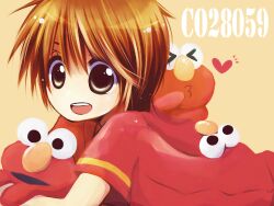  1boy amatsuki_(utaite) animification brown_eyes brown_hair character_hood elmo looking_at_viewer male_focus manabu multicolored_hair open_mouth pants sesame_street shirt short_hair smile solo streaked_hair utaite white_shirt 